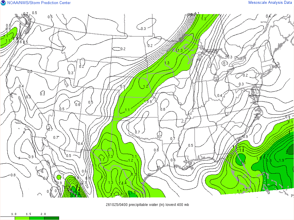 SPC mesoanalysis map, Precipitable water, lower 48, analysis for 04Z. Its key and units are in SPC’s picture; what it shows is described beside it.