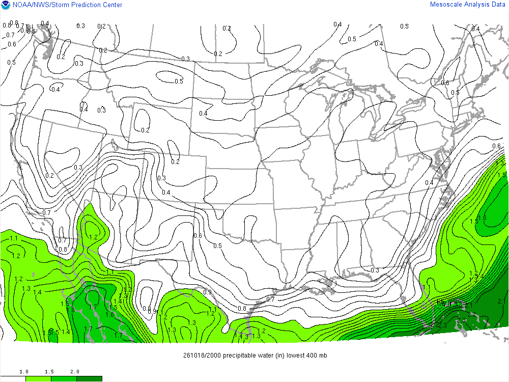SPC mesoanalysis map, Precipitable water, lower 48, analysis for 20Z. Its key and units are in SPC’s picture; what it shows is described beside it.