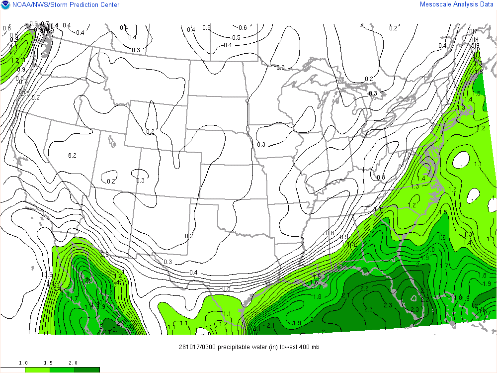 SPC mesoanalysis map, Precipitable water, lower 48, analysis for 03Z. Its key and units are in SPC’s picture; what it shows is described beside it.