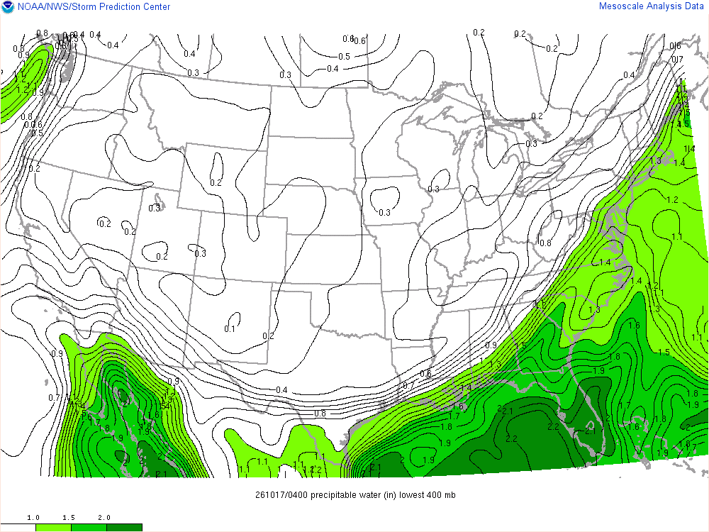 SPC mesoanalysis map, Precipitable water, lower 48, analysis for 04Z. Its key and units are in SPC’s picture; what it shows is described beside it.