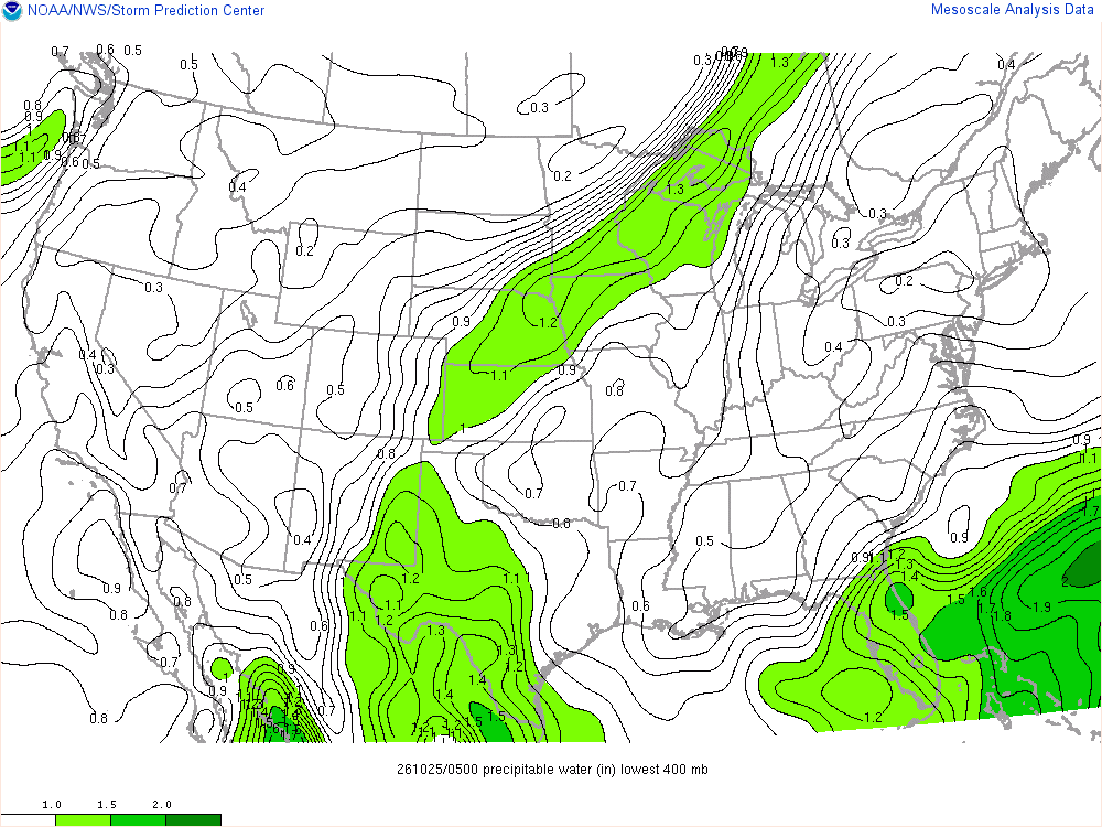 SPC mesoanalysis map, Precipitable water, lower 48, analysis for 05Z. Its key and units are in SPC’s picture; what it shows is described beside it.