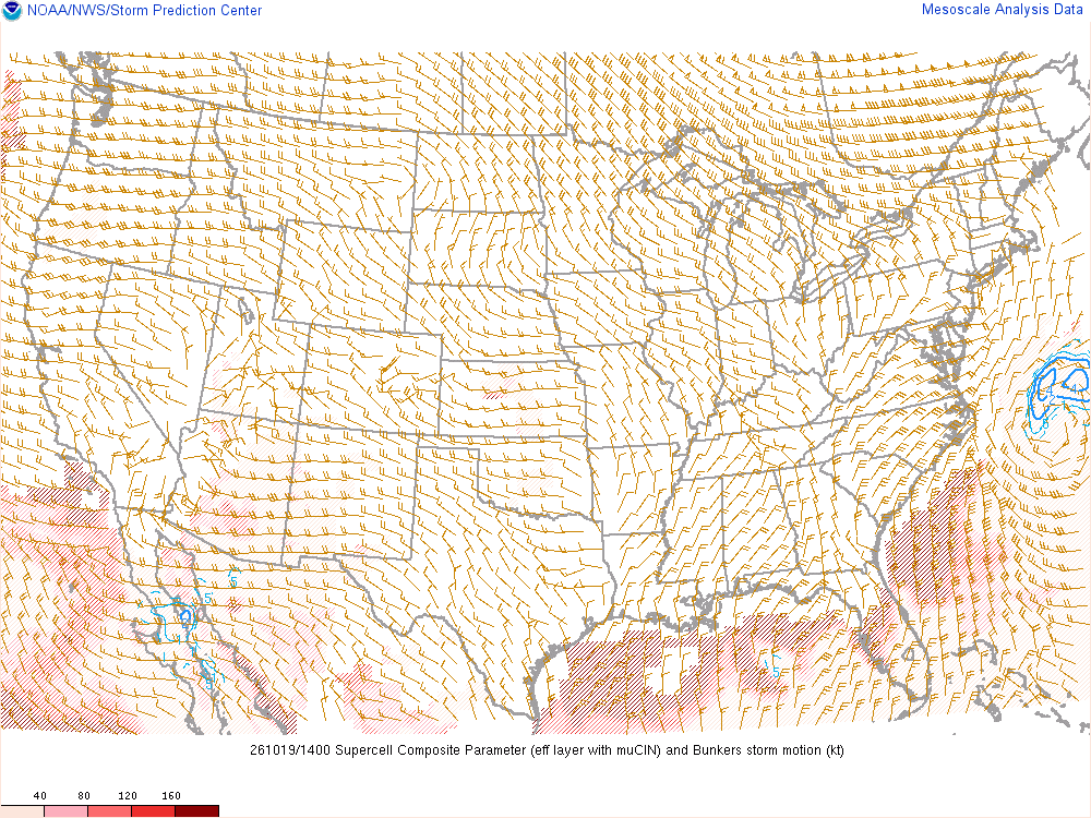 SPC mesoanalysis map, Supercell composite parameter, lower 48, analysis for 14Z. Its key and units are in SPC’s picture; what it shows is described beside it.