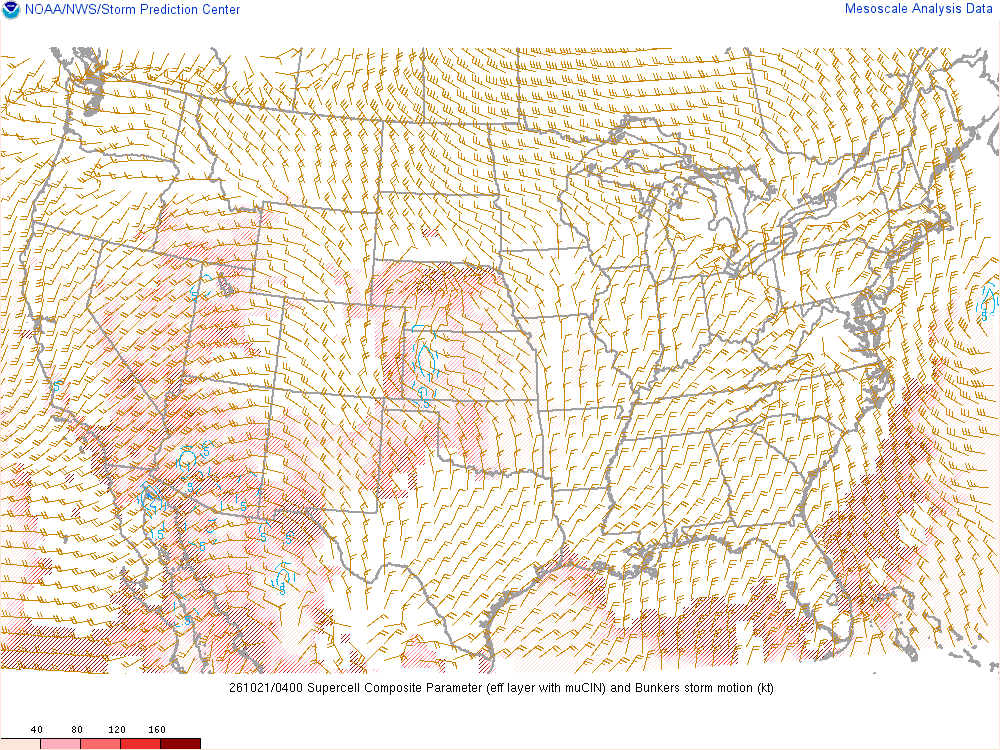 SPC mesoanalysis map, Supercell composite parameter, lower 48, analysis for 04Z. Its key and units are in SPC’s picture; what it shows is described beside it.