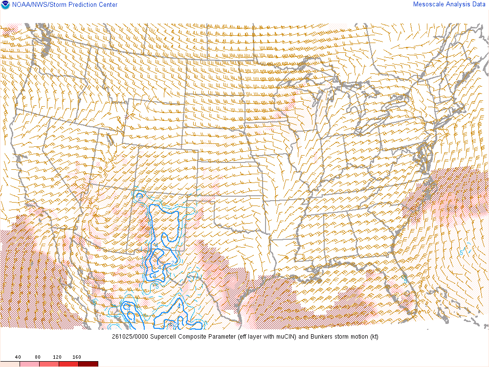 SPC mesoanalysis map, Supercell composite parameter, lower 48, analysis for 00Z. Its key and units are in SPC’s picture; what it shows is described beside it.