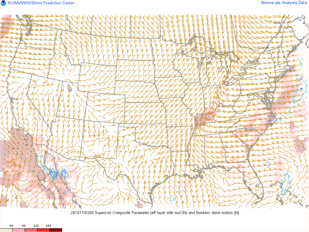 SPC mesoanalysis map, Supercell composite parameter, lower 48, analysis for 03Z. Its key and units are in SPC’s picture; what it shows is described beside it.