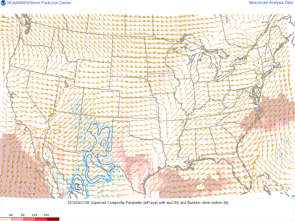SPC mesoanalysis map, Supercell composite parameter, lower 48, analysis for 21Z. Its key and units are in SPC’s picture; what it shows is described beside it.