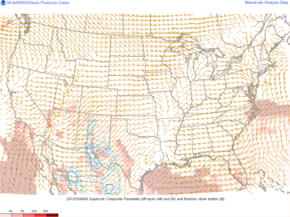 SPC mesoanalysis map, Supercell composite parameter, lower 48, analysis for 04Z. Its key and units are in SPC’s picture; what it shows is described beside it.