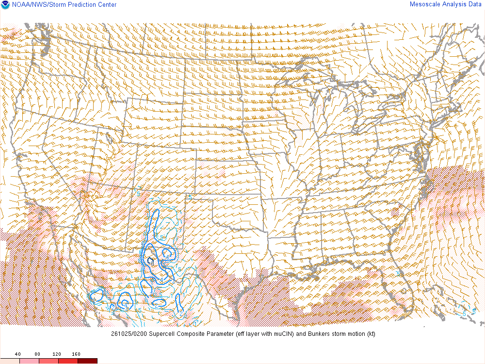 SPC mesoanalysis map, Supercell composite parameter, lower 48, analysis for 02Z. Its key and units are in SPC’s picture; what it shows is described beside it.