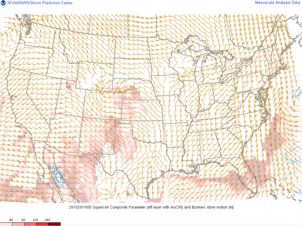 SPC mesoanalysis map, Supercell composite parameter, lower 48, analysis for 16Z. Its key and units are in SPC’s picture; what it shows is described beside it.