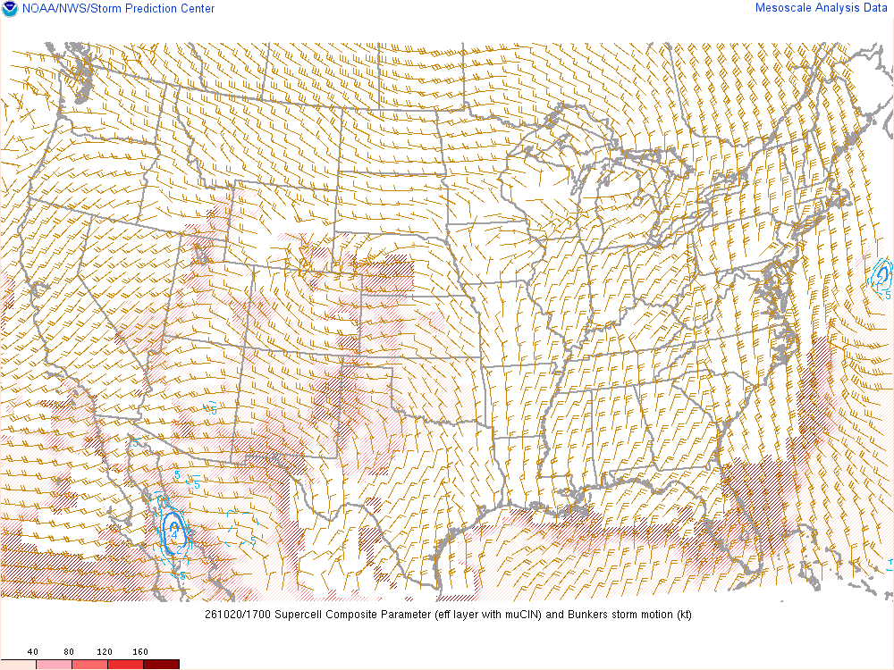 SPC mesoanalysis map, Supercell composite parameter, lower 48, analysis for 17Z. Its key and units are in SPC’s picture; what it shows is described beside it.