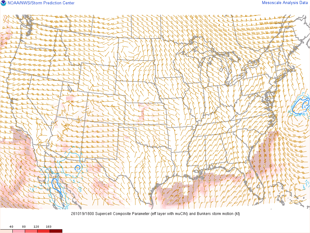 SPC mesoanalysis map, Supercell composite parameter, lower 48, analysis for 18Z. Its key and units are in SPC’s picture; what it shows is described beside it.