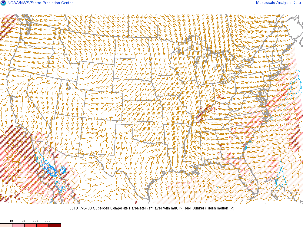 SPC mesoanalysis map, Supercell composite parameter, lower 48, analysis for 04Z. Its key and units are in SPC’s picture; what it shows is described beside it.