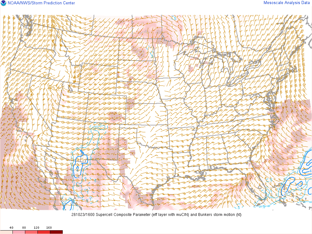 SPC mesoanalysis map, Supercell composite parameter, lower 48, analysis for 16Z. Its key and units are in SPC’s picture; what it shows is described beside it.