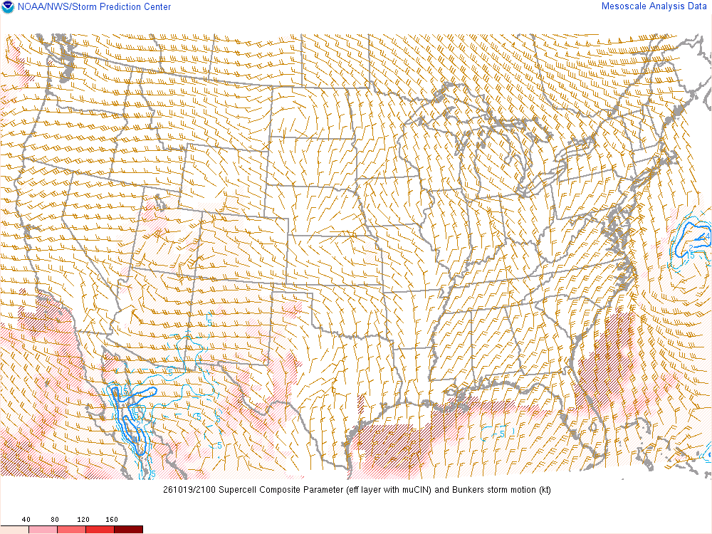 SPC mesoanalysis map, Supercell composite parameter, lower 48, analysis for 21Z. Its key and units are in SPC’s picture; what it shows is described beside it.