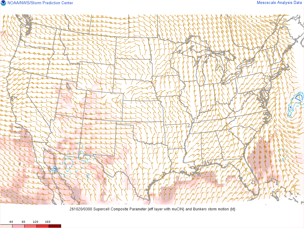 SPC mesoanalysis map, Supercell composite parameter, lower 48, analysis for 03Z. Its key and units are in SPC’s picture; what it shows is described beside it.