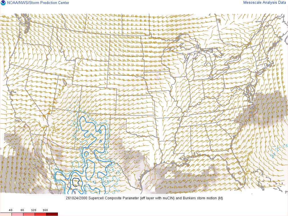SPC mesoanalysis map, Supercell composite parameter, lower 48, analysis for 20Z. Its key and units are in SPC’s picture; what it shows is described beside it.