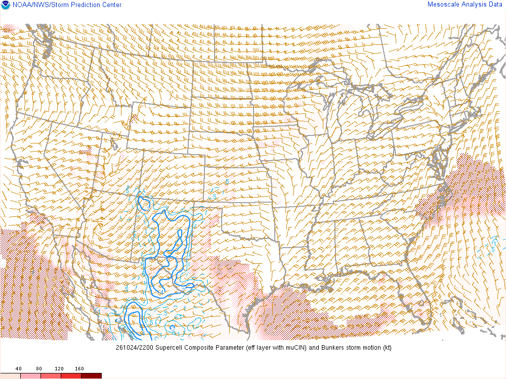 SPC mesoanalysis map, Supercell composite parameter, lower 48, analysis for 22Z. Its key and units are in SPC’s picture; what it shows is described beside it.