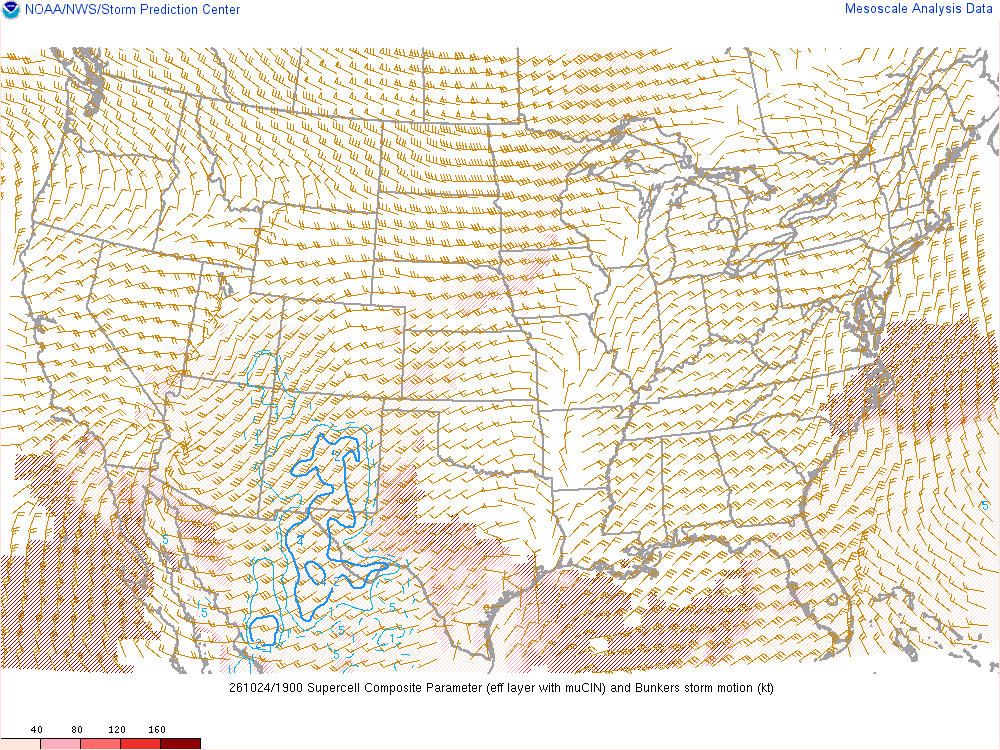 SPC mesoanalysis map, Supercell composite parameter, lower 48, analysis for 19Z. Its key and units are in SPC’s picture; what it shows is described beside it.