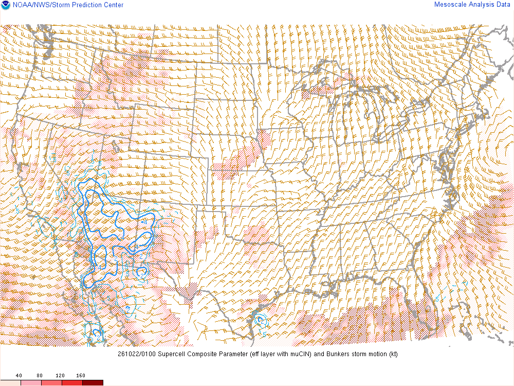 SPC mesoanalysis map, Supercell composite parameter, lower 48, analysis for 01Z. Its key and units are in SPC’s picture; what it shows is described beside it.