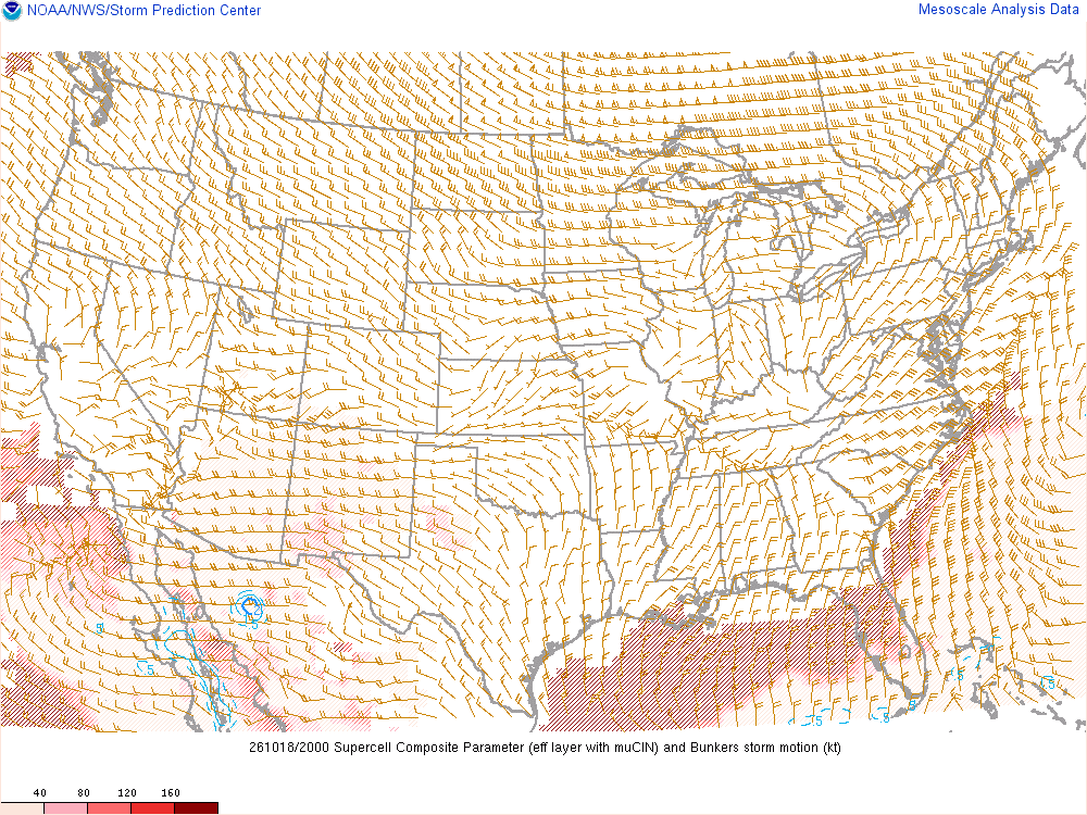 SPC mesoanalysis map, Supercell composite parameter, lower 48, analysis for 20Z. Its key and units are in SPC’s picture; what it shows is described beside it.