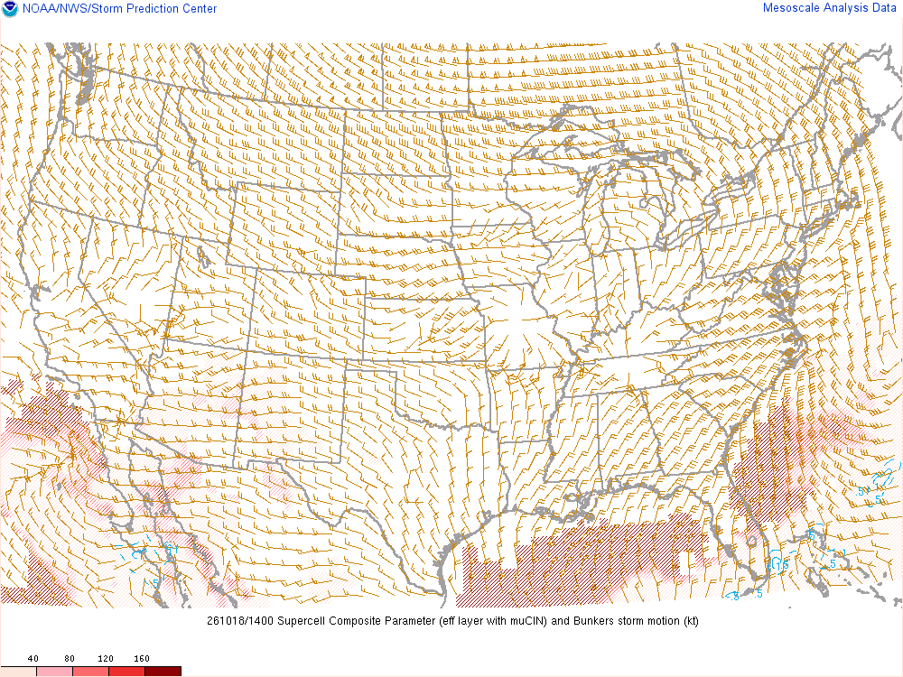 SPC mesoanalysis map, Supercell composite parameter, lower 48, analysis for 14Z. Its key and units are in SPC’s picture; what it shows is described beside it.