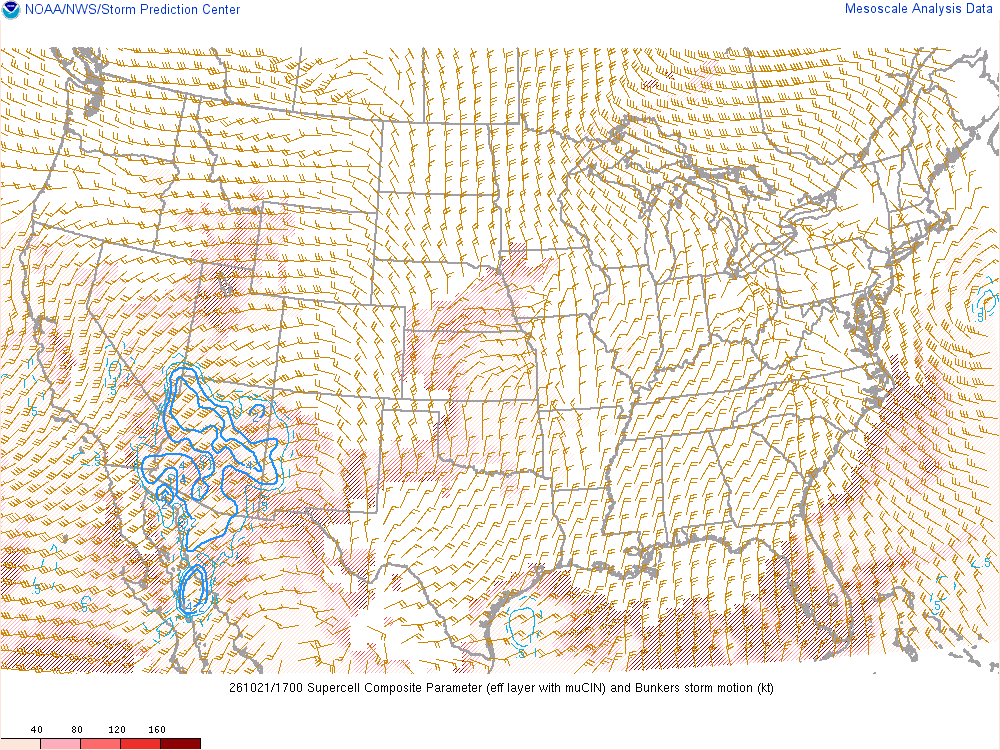 SPC mesoanalysis map, Supercell composite parameter, lower 48, analysis for 17Z. Its key and units are in SPC’s picture; what it shows is described beside it.