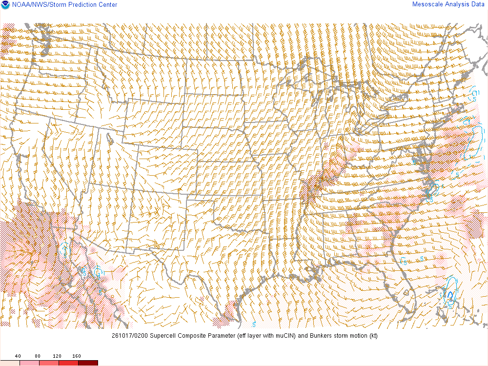 SPC mesoanalysis map, Supercell composite parameter, lower 48, analysis for 02Z. Its key and units are in SPC’s picture; what it shows is described beside it.