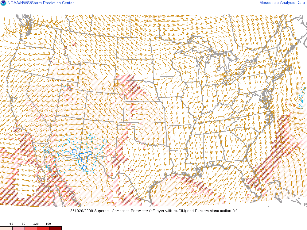 SPC mesoanalysis map, Supercell composite parameter, lower 48, analysis for 22Z. Its key and units are in SPC’s picture; what it shows is described beside it.