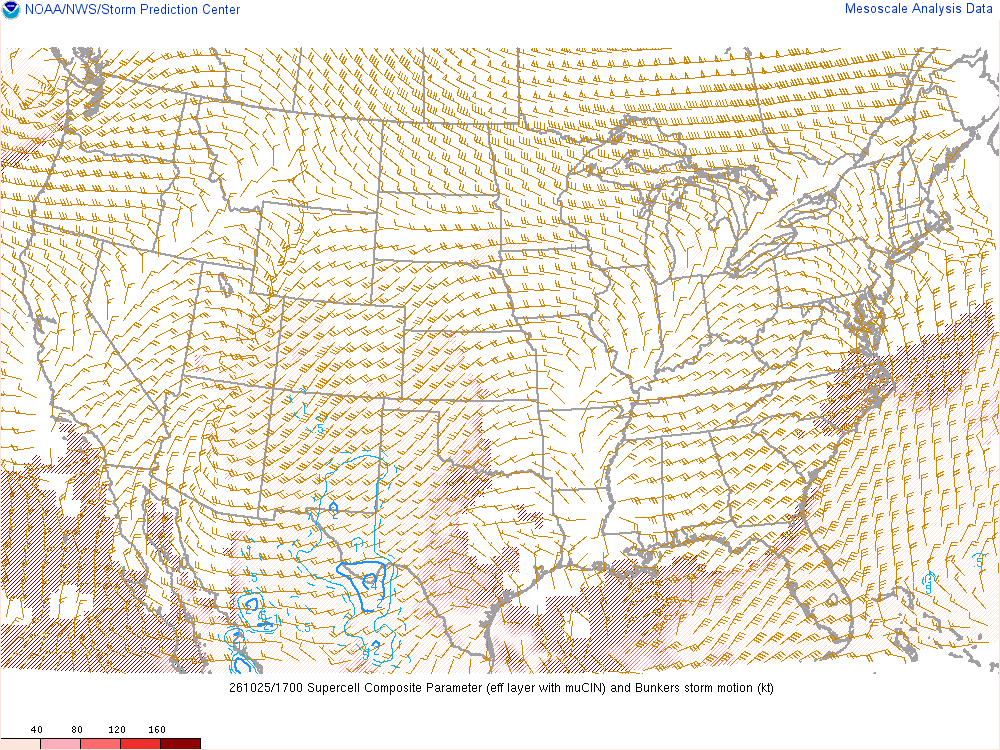 SPC mesoanalysis map, Supercell composite parameter, lower 48, analysis for 17Z. Its key and units are in SPC’s picture; what it shows is described beside it.