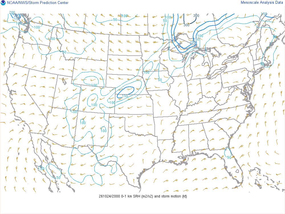 SPC mesoanalysis map, 0–1 km storm-relative helicity, lower 48, analysis for 20Z. Its key and units are in SPC’s picture; what it shows is described beside it.