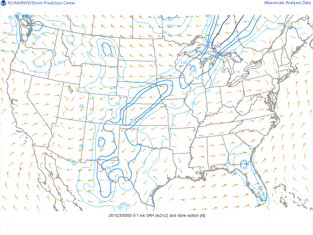 SPC mesoanalysis map, 0–1 km storm-relative helicity, lower 48, analysis for 05Z. Its key and units are in SPC’s picture; what it shows is described beside it.