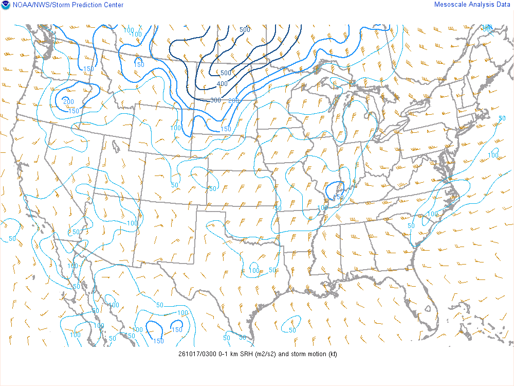 SPC mesoanalysis map, 0–1 km storm-relative helicity, lower 48, analysis for 03Z. Its key and units are in SPC’s picture; what it shows is described beside it.