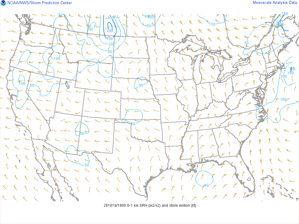 SPC mesoanalysis map, 0–1 km storm-relative helicity, lower 48, analysis for 18Z. Its key and units are in SPC’s picture; what it shows is described beside it.