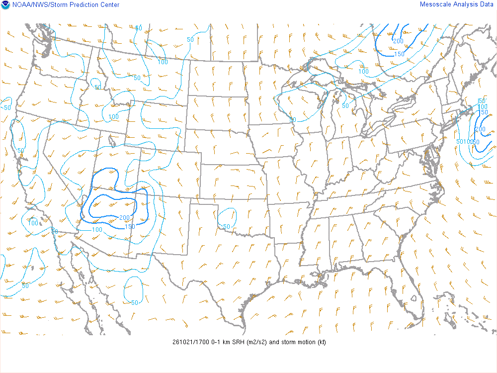 SPC mesoanalysis map, 0–1 km storm-relative helicity, lower 48, analysis for 17Z. Its key and units are in SPC’s picture; what it shows is described beside it.