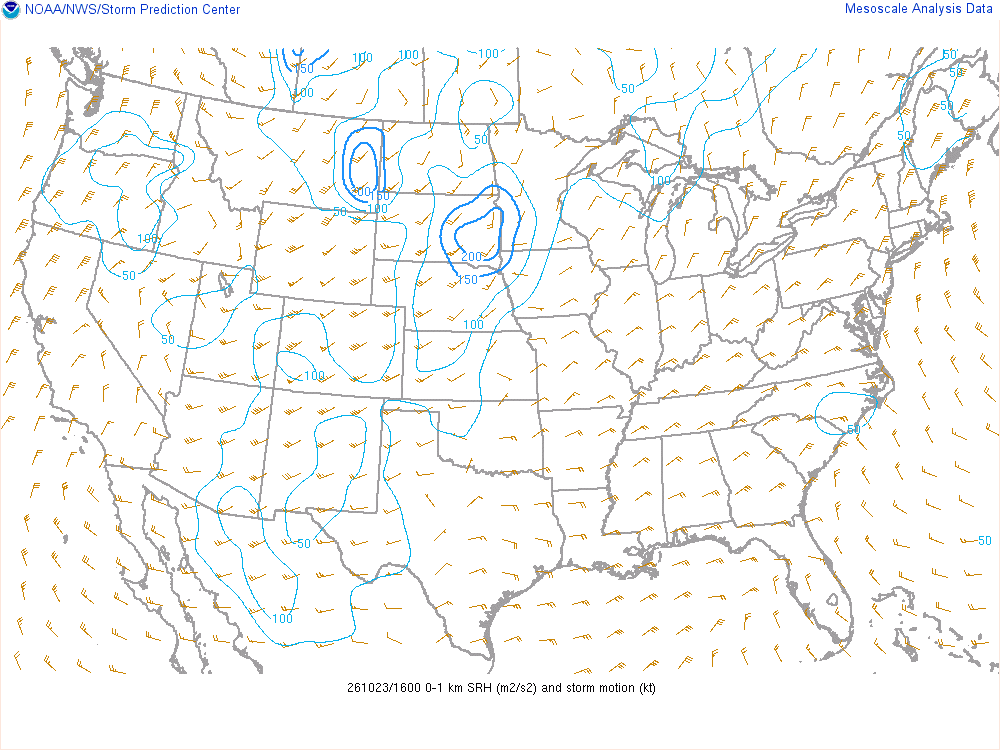 SPC mesoanalysis map, 0–1 km storm-relative helicity, lower 48, analysis for 16Z. Its key and units are in SPC’s picture; what it shows is described beside it.