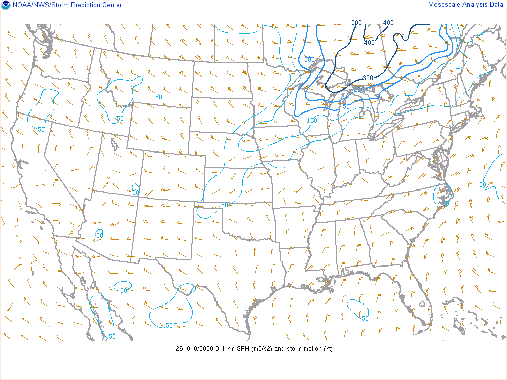 SPC mesoanalysis map, 0–1 km storm-relative helicity, lower 48, analysis for 20Z. Its key and units are in SPC’s picture; what it shows is described beside it.