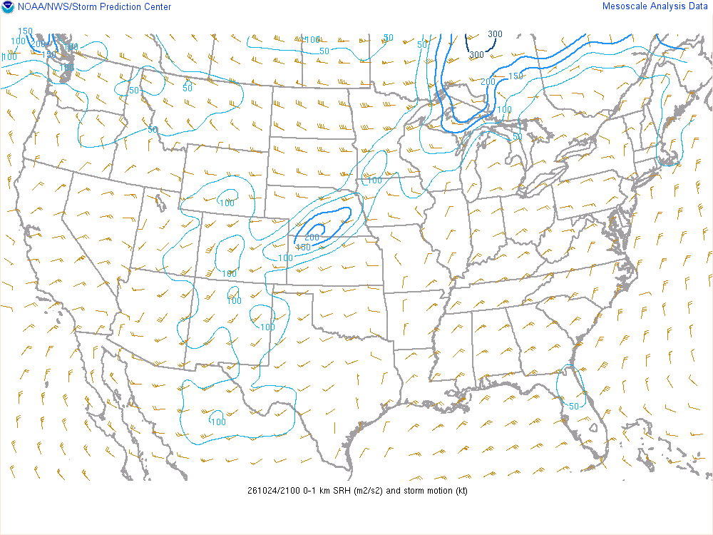 SPC mesoanalysis map, 0–1 km storm-relative helicity, lower 48, analysis for 21Z. Its key and units are in SPC’s picture; what it shows is described beside it.