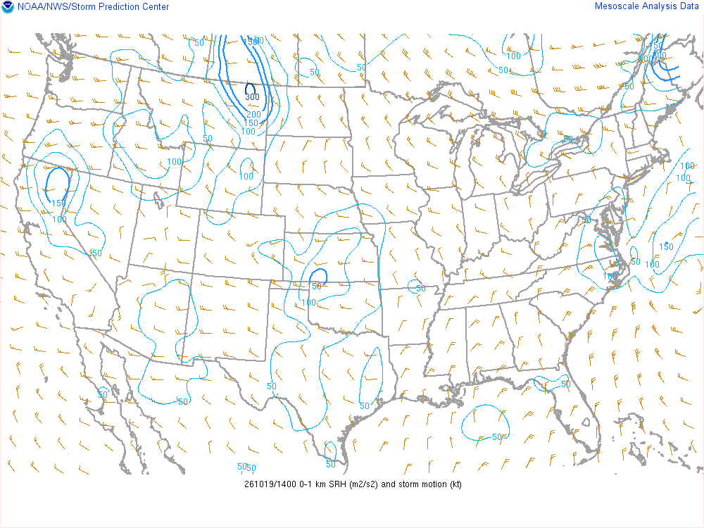 SPC mesoanalysis map, 0–1 km storm-relative helicity, lower 48, analysis for 14Z. Its key and units are in SPC’s picture; what it shows is described beside it.