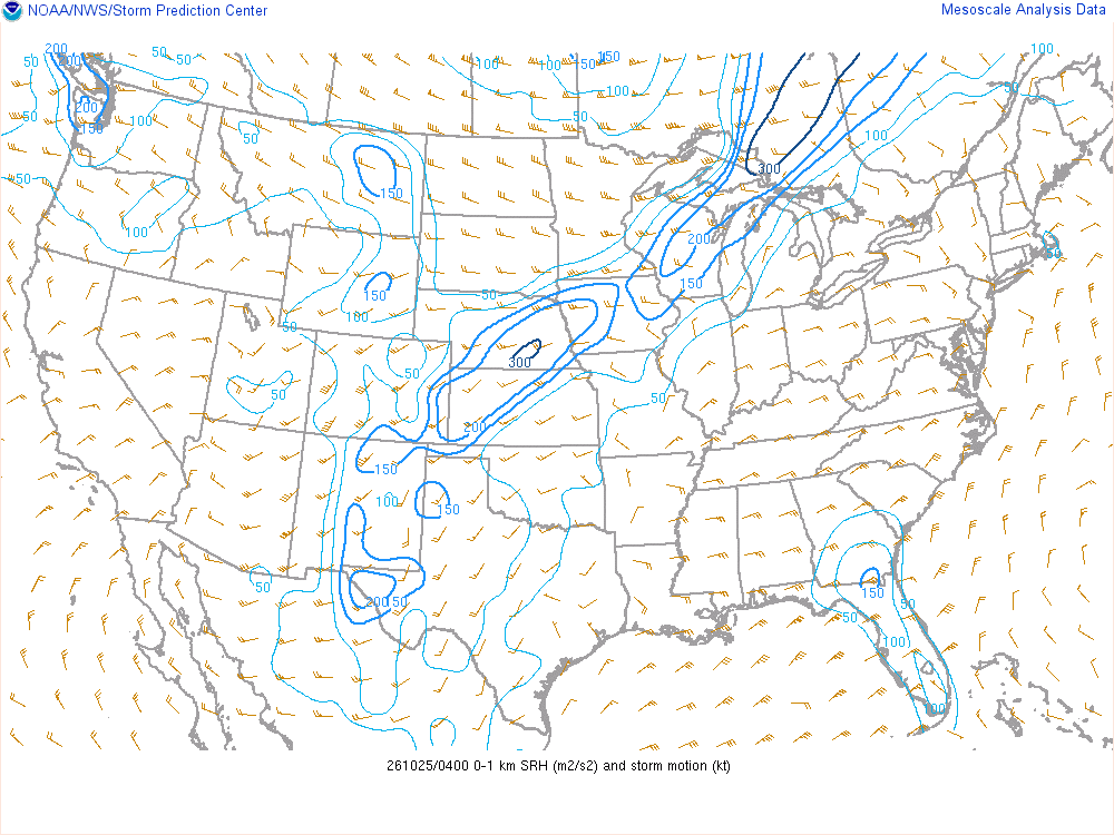 SPC mesoanalysis map, 0–1 km storm-relative helicity, lower 48, analysis for 04Z. Its key and units are in SPC’s picture; what it shows is described beside it.