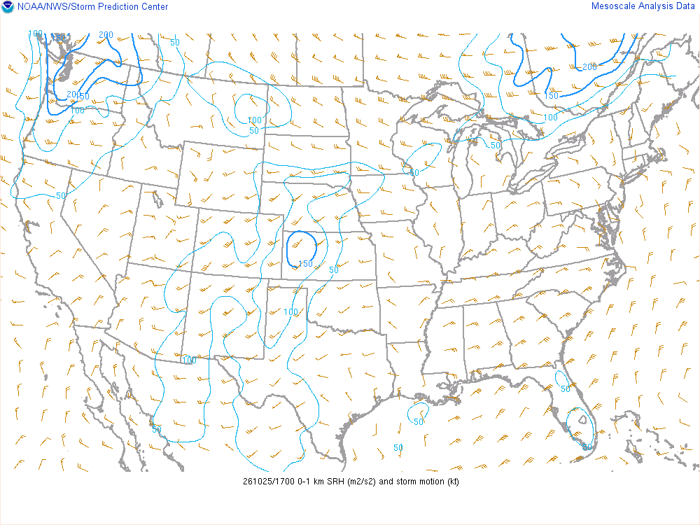 SPC mesoanalysis map, 0–1 km storm-relative helicity, lower 48, analysis for 17Z. Its key and units are in SPC’s picture; what it shows is described beside it.