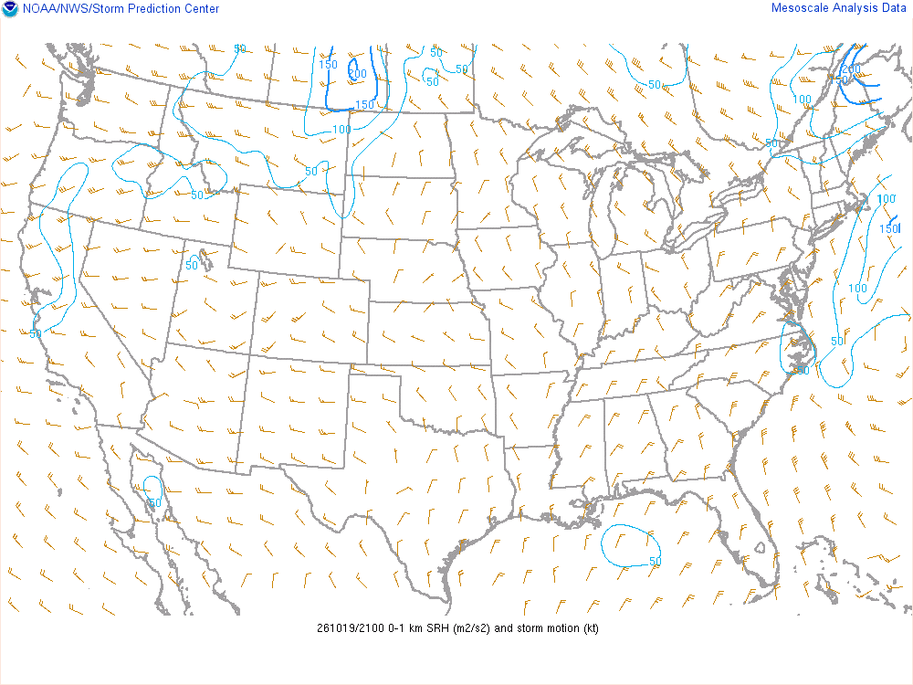 SPC mesoanalysis map, 0–1 km storm-relative helicity, lower 48, analysis for 21Z. Its key and units are in SPC’s picture; what it shows is described beside it.