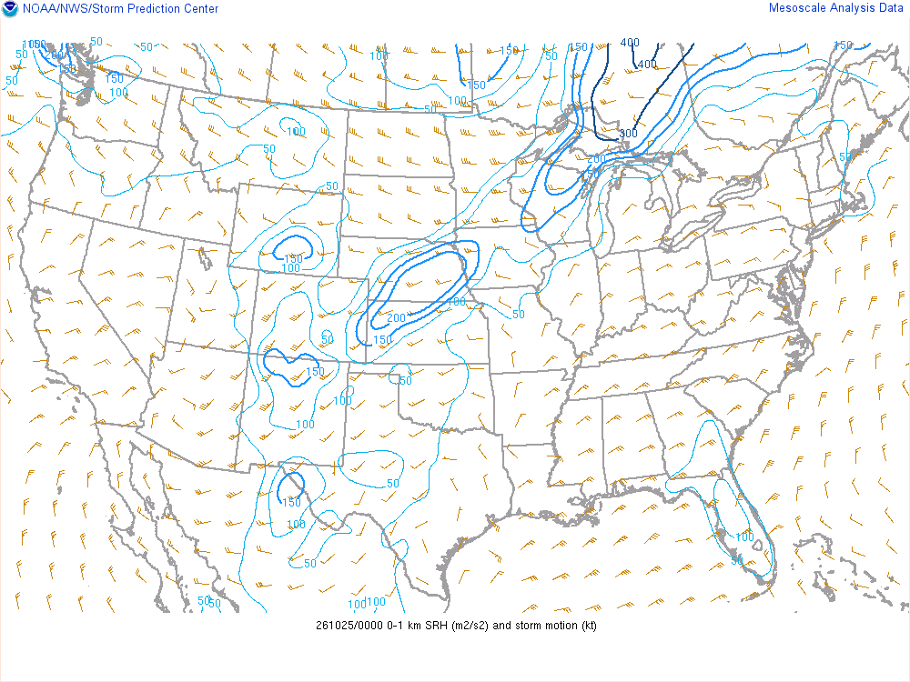 SPC mesoanalysis map, 0–1 km storm-relative helicity, lower 48, analysis for 00Z. Its key and units are in SPC’s picture; what it shows is described beside it.