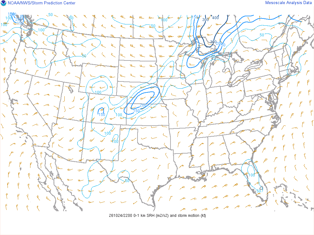 SPC mesoanalysis map, 0–1 km storm-relative helicity, lower 48, analysis for 22Z. Its key and units are in SPC’s picture; what it shows is described beside it.