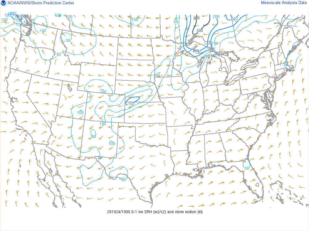SPC mesoanalysis map, 0–1 km storm-relative helicity, lower 48, analysis for 19Z. Its key and units are in SPC’s picture; what it shows is described beside it.