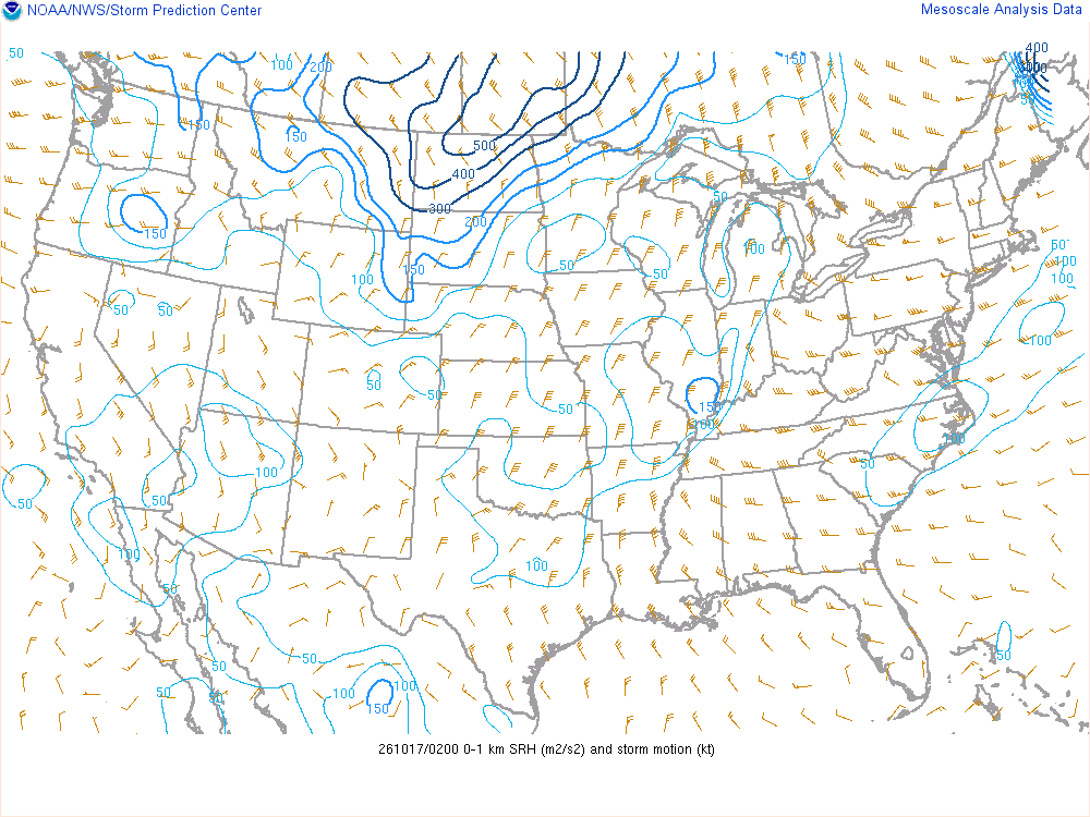SPC mesoanalysis map, 0–1 km storm-relative helicity, lower 48, analysis for 02Z. Its key and units are in SPC’s picture; what it shows is described beside it.