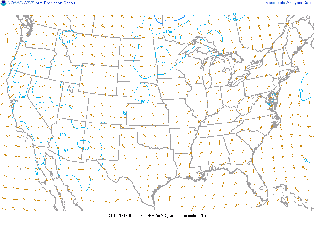 SPC mesoanalysis map, 0–1 km storm-relative helicity, lower 48, analysis for 16Z. Its key and units are in SPC’s picture; what it shows is described beside it.