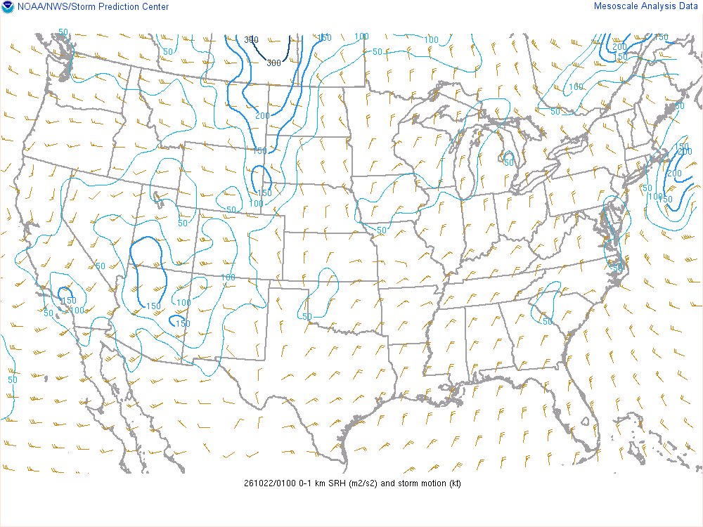 SPC mesoanalysis map, 0–1 km storm-relative helicity, lower 48, analysis for 01Z. Its key and units are in SPC’s picture; what it shows is described beside it.