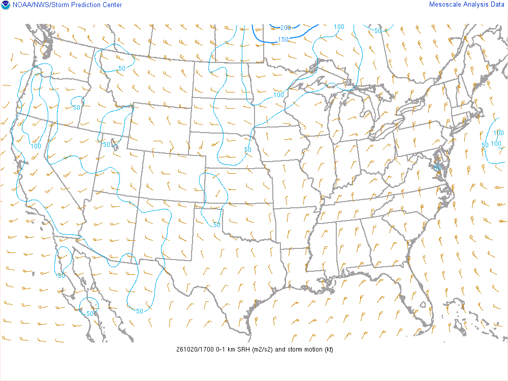 SPC mesoanalysis map, 0–1 km storm-relative helicity, lower 48, analysis for 17Z. Its key and units are in SPC’s picture; what it shows is described beside it.