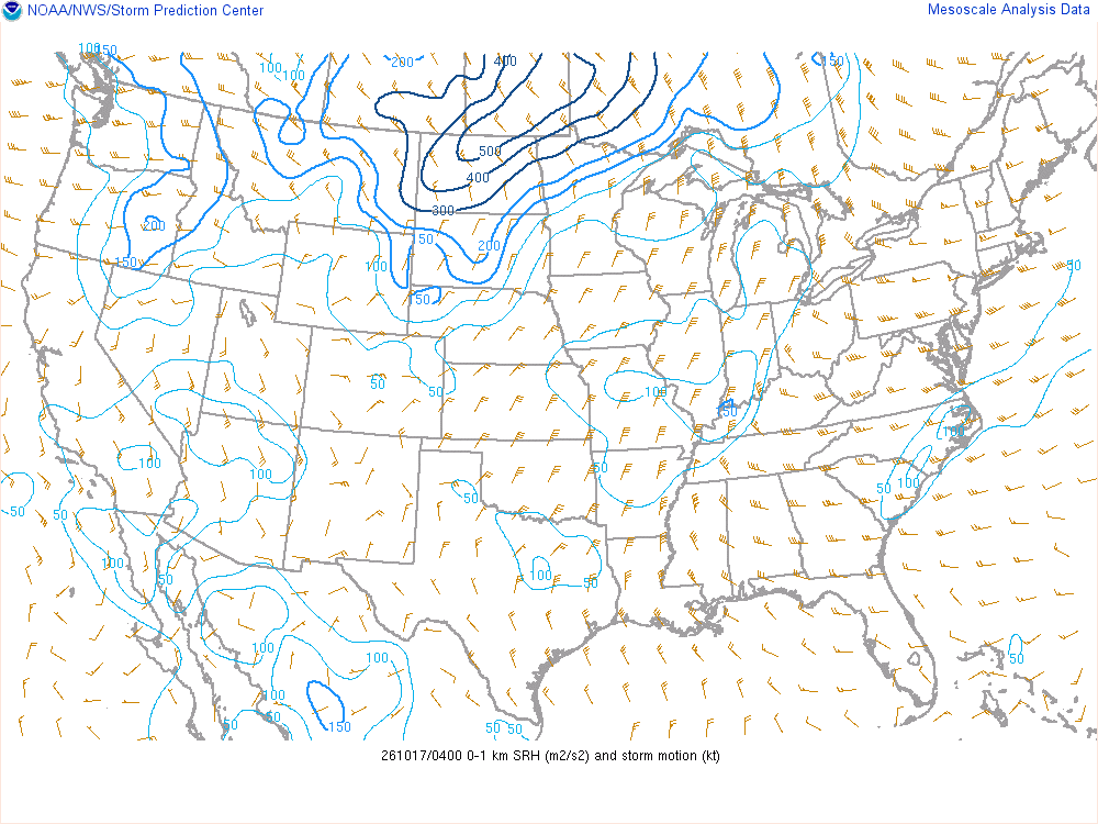 SPC mesoanalysis map, 0–1 km storm-relative helicity, lower 48, analysis for 04Z. Its key and units are in SPC’s picture; what it shows is described beside it.
