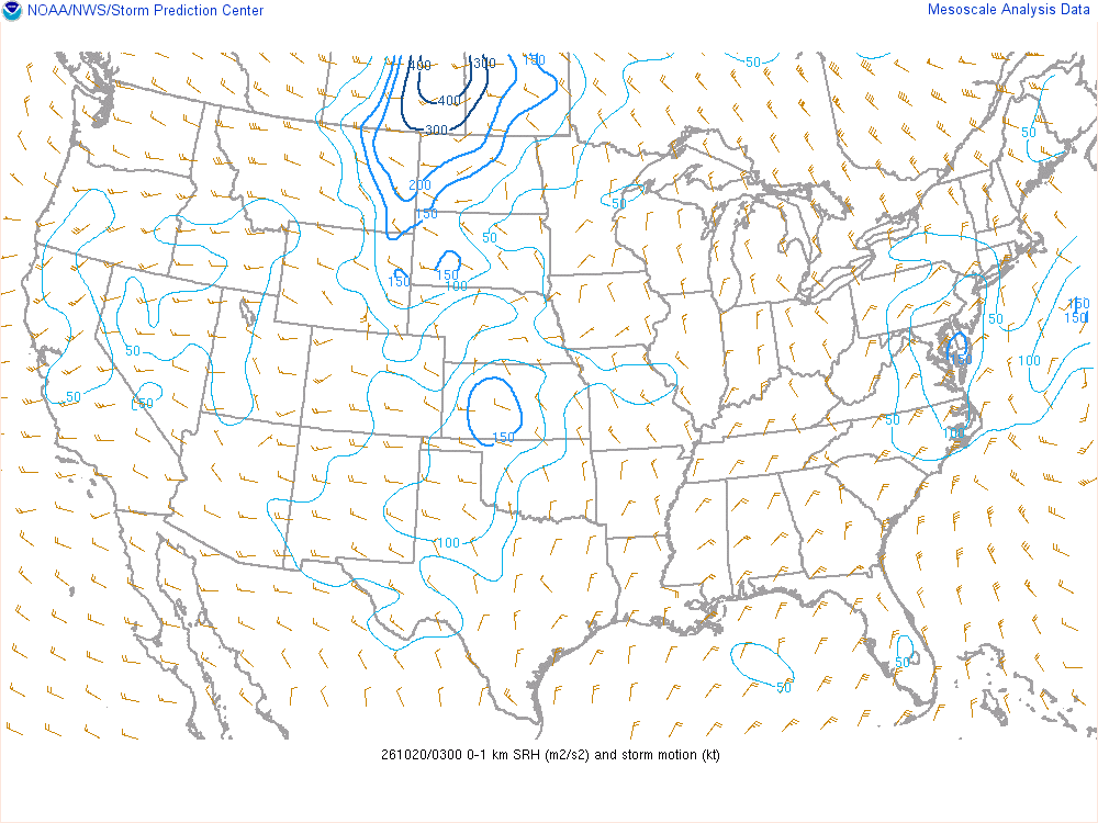 SPC mesoanalysis map, 0–1 km storm-relative helicity, lower 48, analysis for 03Z. Its key and units are in SPC’s picture; what it shows is described beside it.